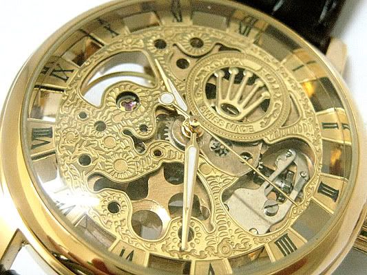 ROLEX SKELETON / GOLD / WINDING / SILVER DIAL / L.STRAP (item 75647369