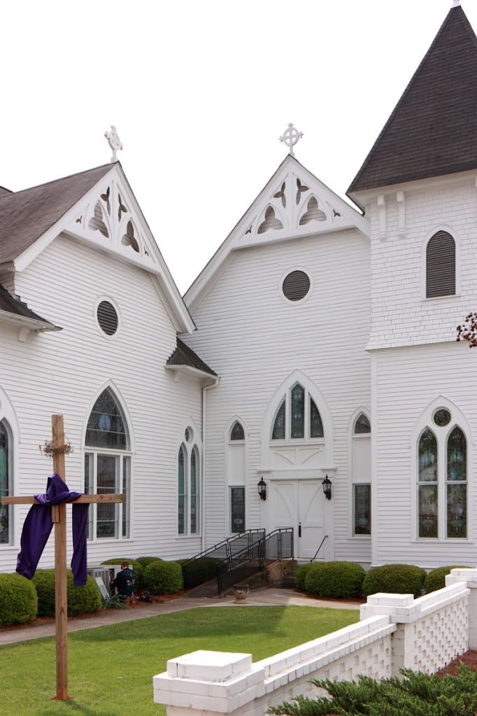 White Clapboard Church, Cross with Purple Fabric for Lent